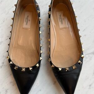 Valentino Garavani Black Leather Pointed Rockstud Flats with Gold Studs